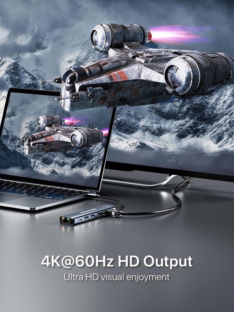 DockteckExpand USB C Hub Ethernet, 7-in-1 Multiport Adapter Type C to 4K@60Hz HDMI, Gigabit Ethernet, 100W PD Charging, 2 USB 3.0, SD/TF Card Readers, for MacBook Pro/Air, iPad Pro/Air, XPS and More - Image 3